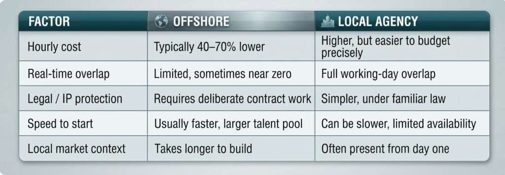 A comparison table contrasts offshore and local development agencies across hourly cost, real-time working-hour overlap, legal and intellectual property protection, speed of starting a project, and local market knowledge.